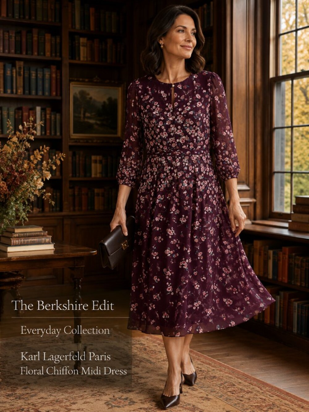 Karl Lagerfeld Paris Floral Chiffon Fit Flare Midi Dress Burgundy Size 8
